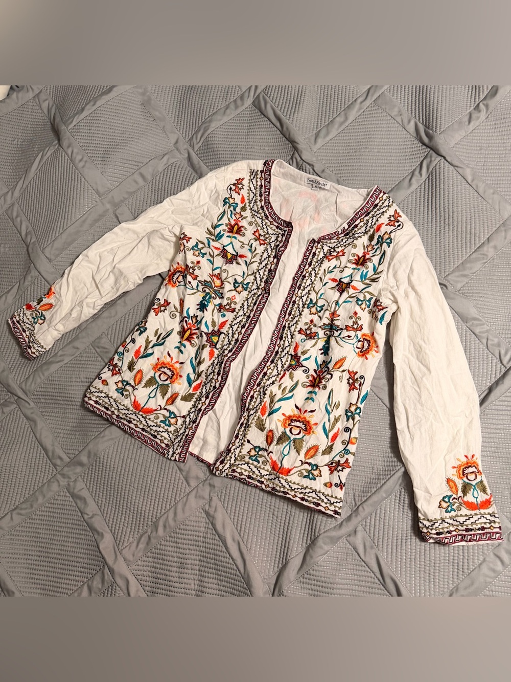 North Style Boho Embroidered Open Front Jacket Artsy Blazer Size M | Preowned G1